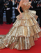 Stylish Gold Strapless A-line Tiered Party Dress Long Prom Dresses to Impress ,WGP1547