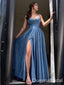 Sparkle Blue Spaghetti Straps A-line Evening Gown Long Evening Party Prom Dresses with Slit ,WGP1257