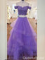 Purple Lace Appliques Off Shoulder Two Pieces A-line Layer Fluffy Evening Gown Maxi Long Evening Party Prom Dresses ,WGP1072