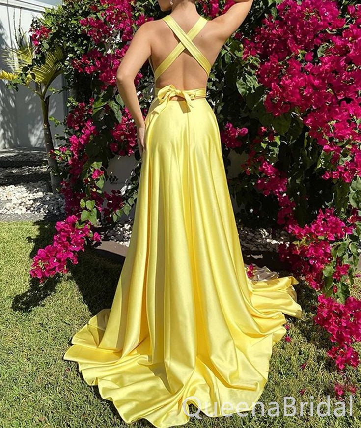 Light Yellow Plunging Criss Cross A-line Evening Gown Long Evening Party Prom Dresses with Slit ,WGP1258