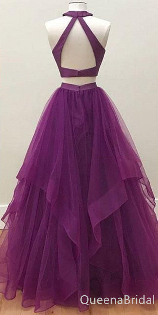 Grape Halter Two Pieces A-line Layer Fluffy Evening Gown Maxi Long Evening Party Prom Dresses ,WGP1073