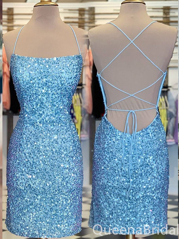 Blue Sparkle Straight Neck Lace Up Back Mermaid Spaghetti Straps Graduation Party Short Homecoming Dresses ,QB0764