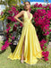 Light Yellow Plunging Criss Cross A-line Evening Gown Long Evening Party Prom Dresses with Slit ,WGP1258