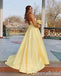 Yellow V Neck A-line Party Dress Long Prom Dresses to Impress ,WGP1473