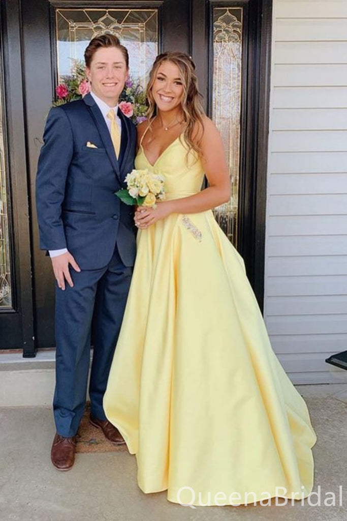 Yellow V Neck A-line Party Dress Long Prom Dresses to Impress ,WGP1473