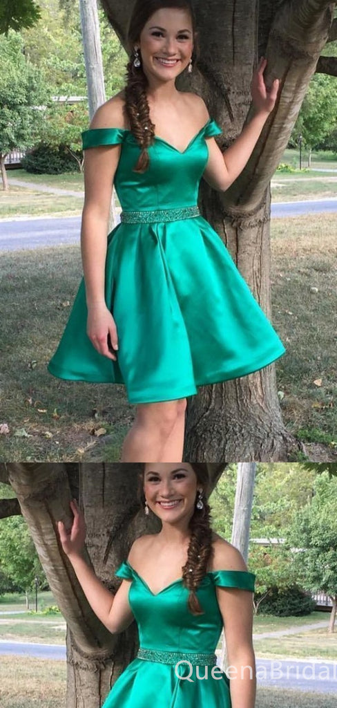 Green Off-the-shoulder Beaded A-line V-neck Graduation Party Short Homecoming Dresses, QB0766