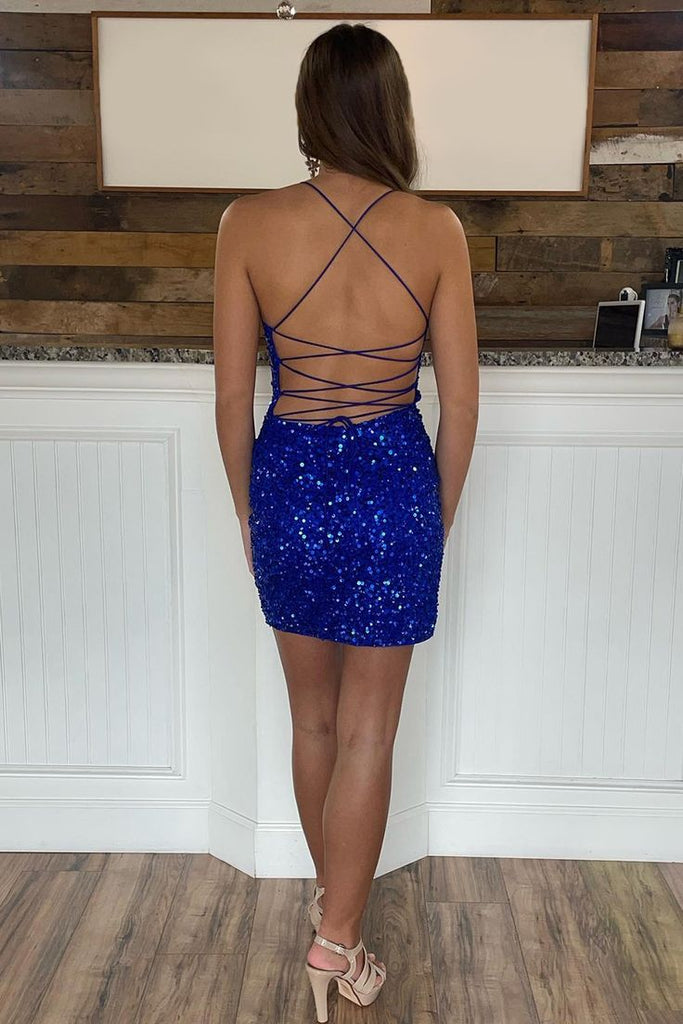 Sparkly Royal Blue Spaghetti Straps Sequin Cheap Short Sheath Homecoming Dresses, QB0489