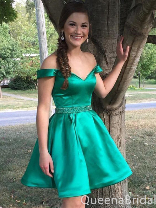 Green Off-the-shoulder Beaded A-line V-neck Graduation Party Short Homecoming Dresses, QB0766