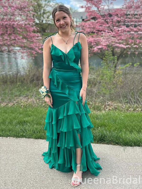 Green Spaghetti Straps Layer Sheath V Neck Evening Gown Maxi Long Evening Party Prom Dresses ,WGP1117