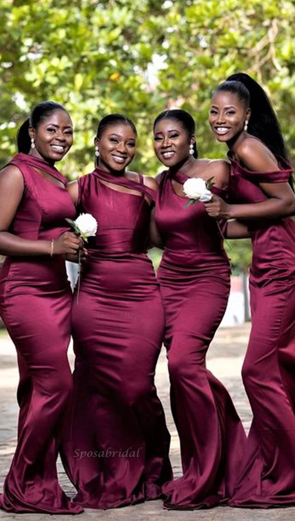 Elegant Dark Red Mermaid Long Unique Cheap Soft Satin Bridesmaid Dresses, BDS0191