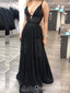 Charming Black Sexy Plunging Deep V-neck A-line Lace Appliques Evening Gown Long Prom Dresses,WGP732