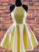 Sexy Yellow A-line Halter Flower Appliques Graduation Party Lace Up Back Homecoming Dresses with Ruffles,QB0670