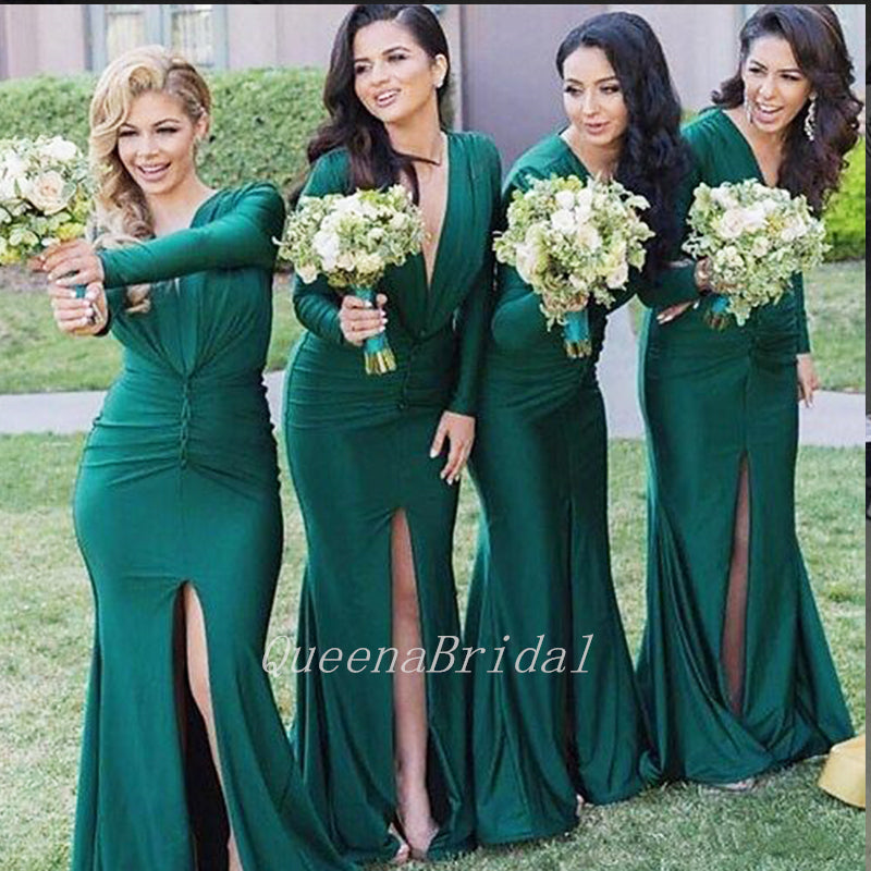 Elegant Green V Neck Long Sleeves Pleats Simple Cheap Mermaid Long Bridesmaid Dresses , BDS0213