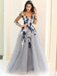 Blue Lace Appliques V Neck Long Sleeves Evening Gown Maxi Long Evening Party Prom Dresses,WGP1225