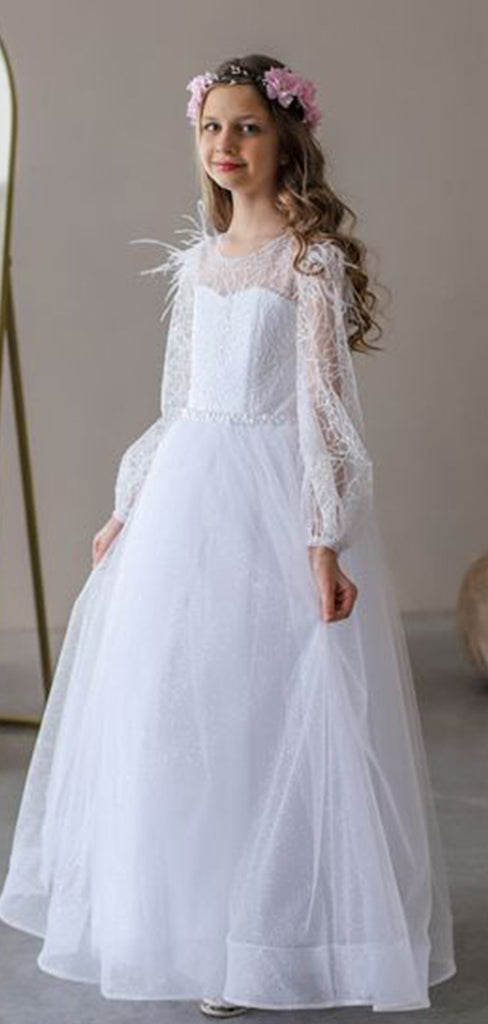 Elegant White Tulle Lace Appliques Beading A-Line Cheap Simple Long Flower Girl Dresses, FGS0047