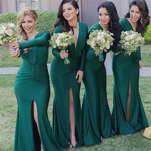 Elegant Green V Neck Long Sleeves Pleats Simple Cheap Mermaid Long Bridesmaid Dresses , BDS0213