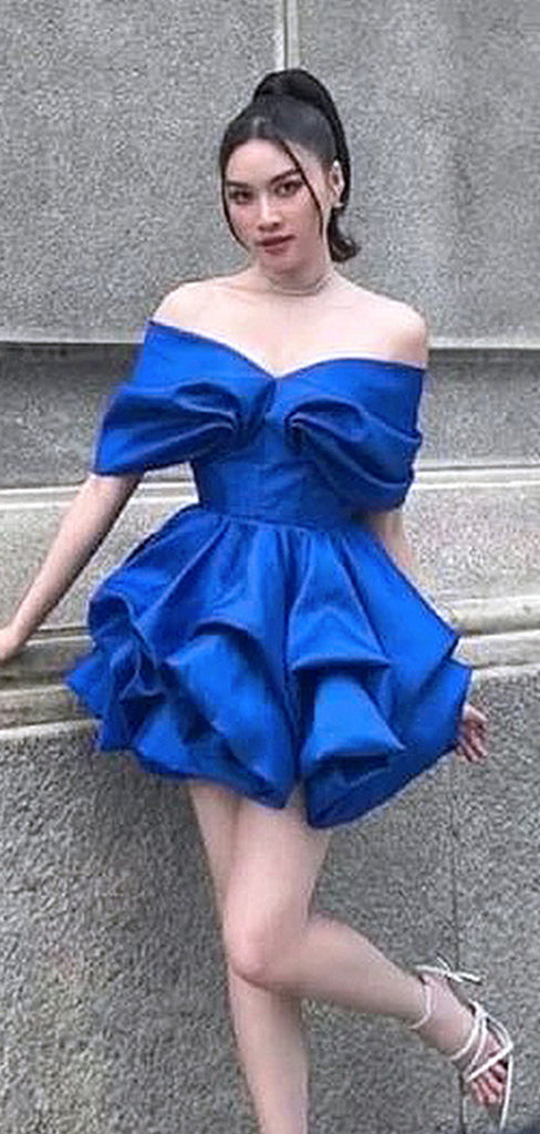 Elegant Royal Blue Bubble Off Shoulder Cheap Short Homecoming Dresses,QB0384