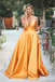 Orange A-line Plunging Deep V-neck Spaghetti Straps Evening Gown Maxi Long Evening Party Prom Dresses ,WGP1015