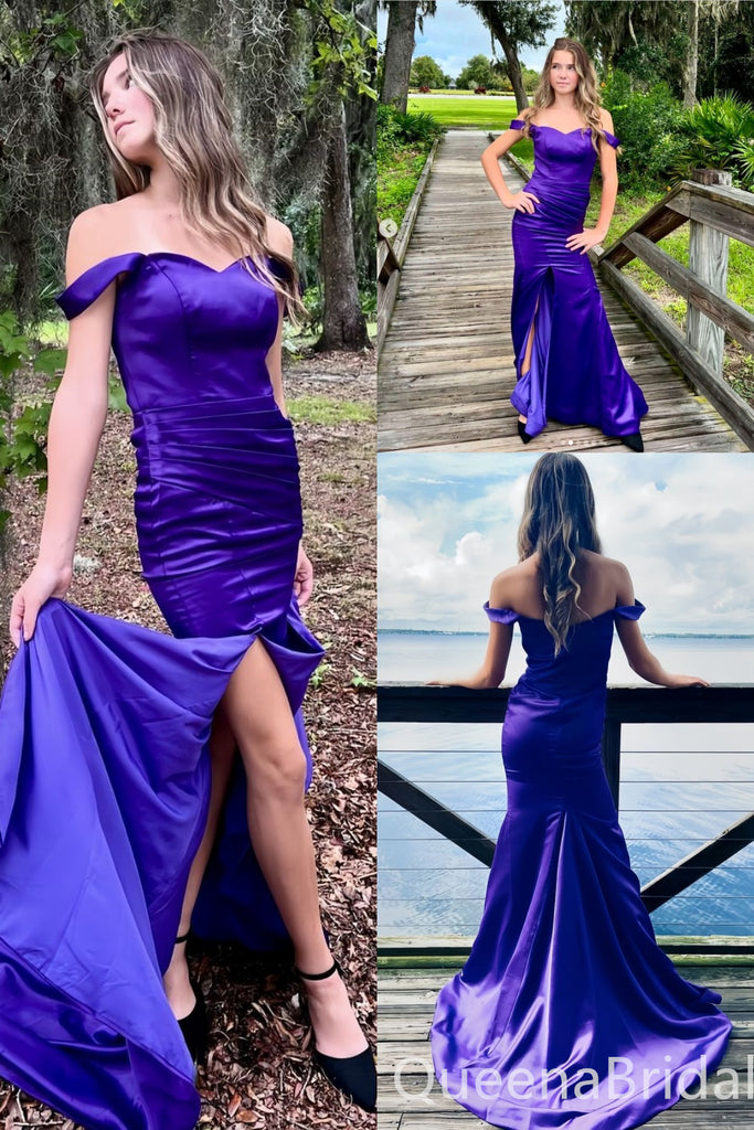 Purple Off Shoulder Sheath Evening Gown Maxi Long Evening Party Prom Dresses with Side Slit ,WGP1152