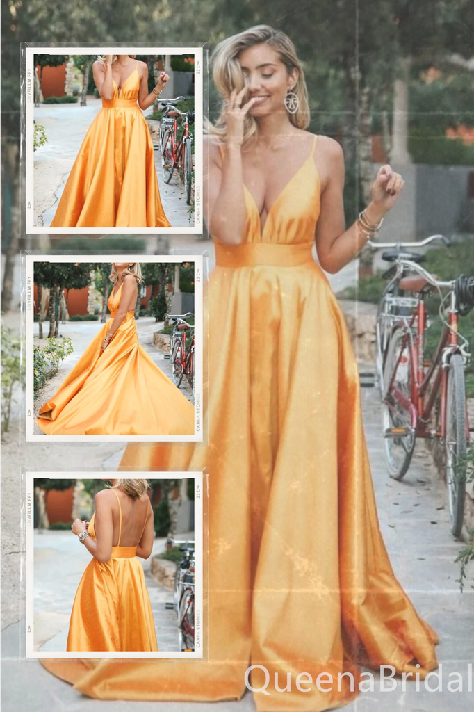 Orange A-line Plunging Deep V-neck Spaghetti Straps Evening Gown Maxi Long Evening Party Prom Dresses ,WGP1015