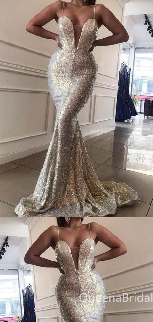 Sexy Sparkle Plunging Mermaid Spaghetti Straps Evening Gown Long Formal Dresses Prom Dresses , WGP749