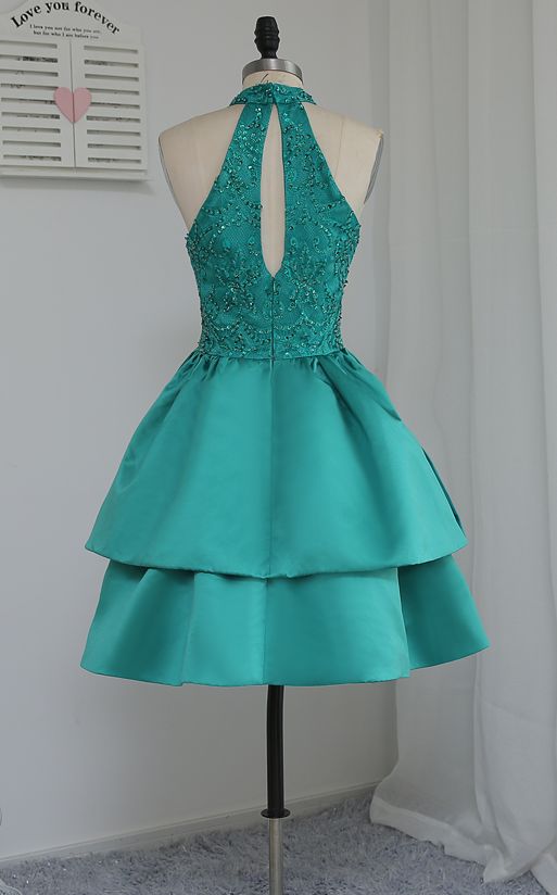 Green Halter Layer Sleeveless A-line Graduation Party Short Homecoming Dresses, QB0767