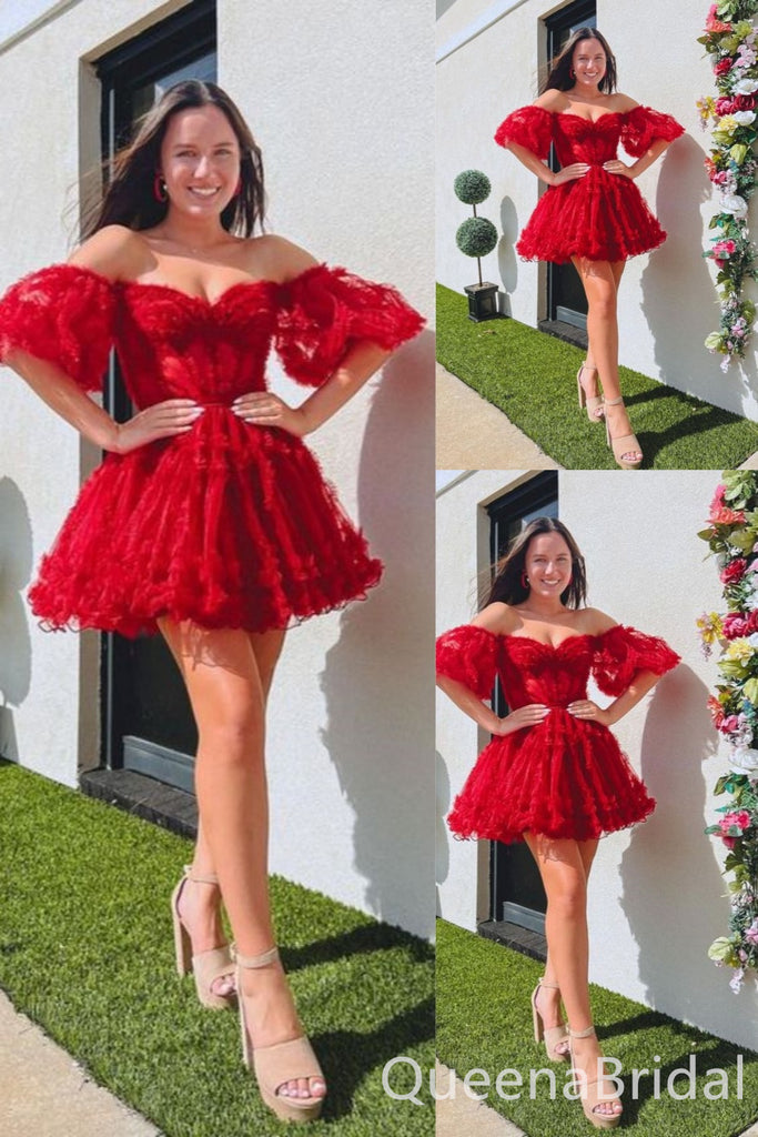 Red A-line Strapless Lace Appliques Sweetheart Graduation Party Short Homecoming Dresses , QB0816