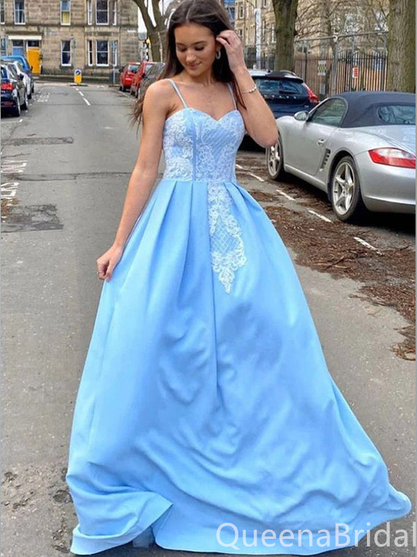 Sky Blue Spaghetti Straps Sweetheart Lace Appliques A-line Evening Gown Maxi Long Evening Party Prom Dresses with Trailing,WGP1005