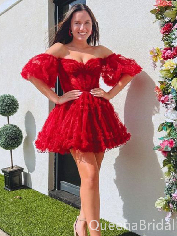 Red A-line Strapless Lace Appliques Sweetheart Graduation Party Short Homecoming Dresses , QB0816