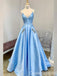 Sky Blue Spaghetti Straps V-neck Beaded A-line Evening Gown Maxi Long Evening Party Prom Dresses with Pockets,WGP1006