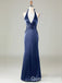 Blue Halter Plunging Mermaid Open Back Evening Gown Long Evening Party Prom Dresses ,WGP1263