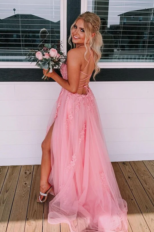 Stunning Blush Pink Spaghetti Straps Lace up Back Side Slit Lace Appliques A-line Party Dress Long Prom Dresses to Impress ,WGP1553