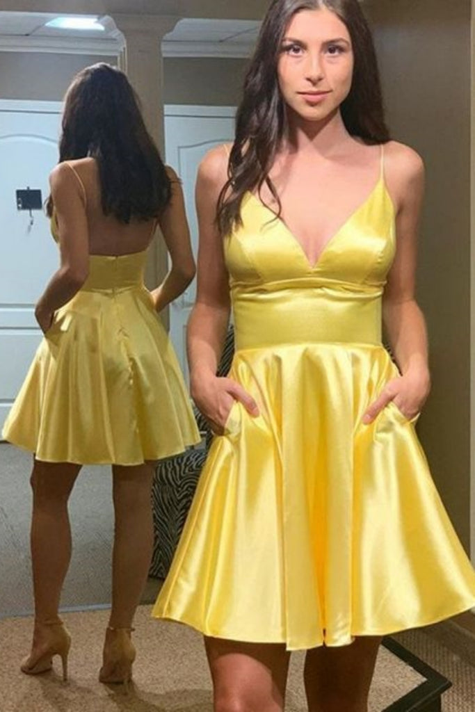 Yellow Spaghetti Straps V Neck A-line Graduation Party Short Homecoming Dresses Formal Evening Party Dresses, QB0824