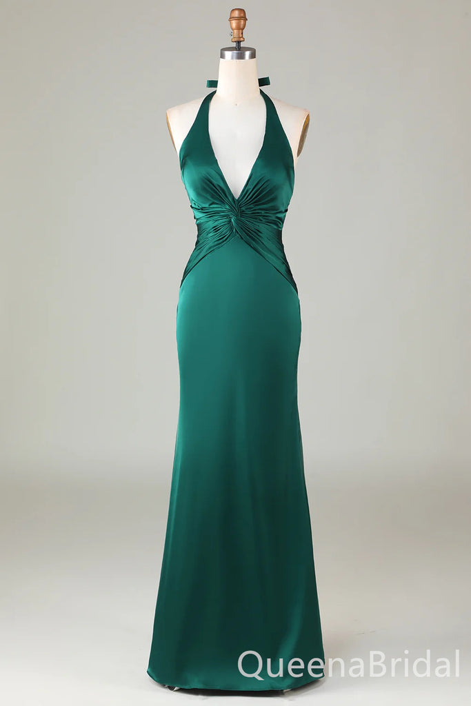 Green Halter Plunging Mermaid Open Back Evening Gown Long Evening Party Prom Dresses ,WGP1265