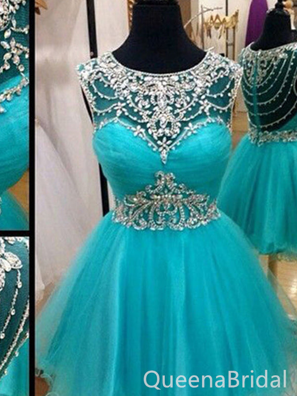 Blue Scoop Beaded A-line Graduation Party Short Homecoming Dresses, QB0786