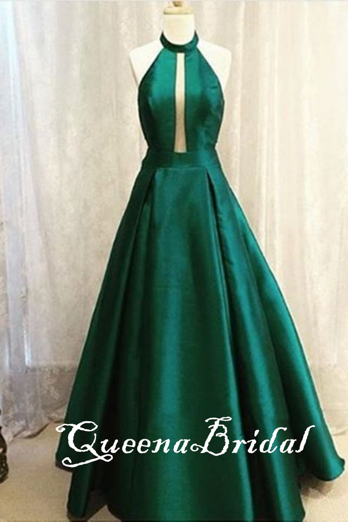 Green Halter A-line Evening Gown Maxi Long Evening Party Prom Dresses,WGP1079