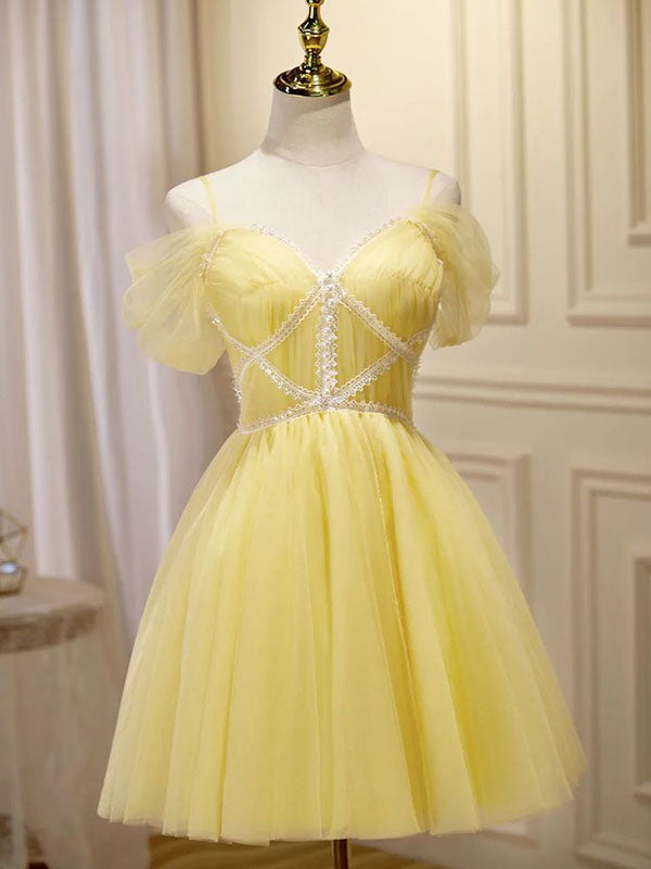 Yellow Sweetheart Off Shoulder Lace Up Back A-line Graduation Party Short Homecoming Dresses Formal Evening Party Dresses, QB0826