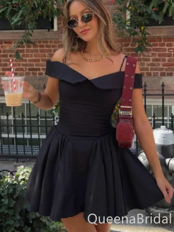 Sexy Off-the-shoulder Sweetheart Black A-line Short Homecoming Dresses with Pleats  , QB0571