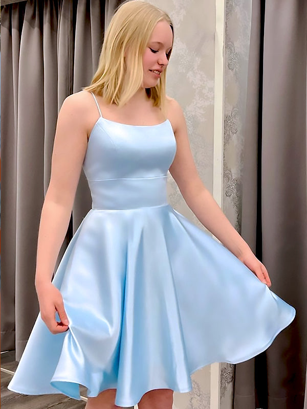 Elegant Light Blue Soft SAtin A-Line Cheap Simple Short Homecoming Dresses,QB0426