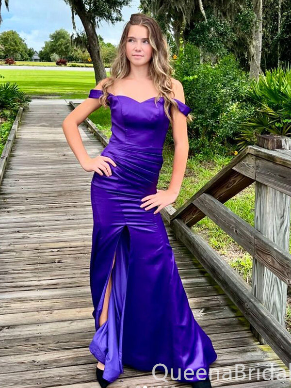 Purple Off Shoulder Sheath Evening Gown Maxi Long Evening Party Prom Dresses with Side Slit ,WGP1152