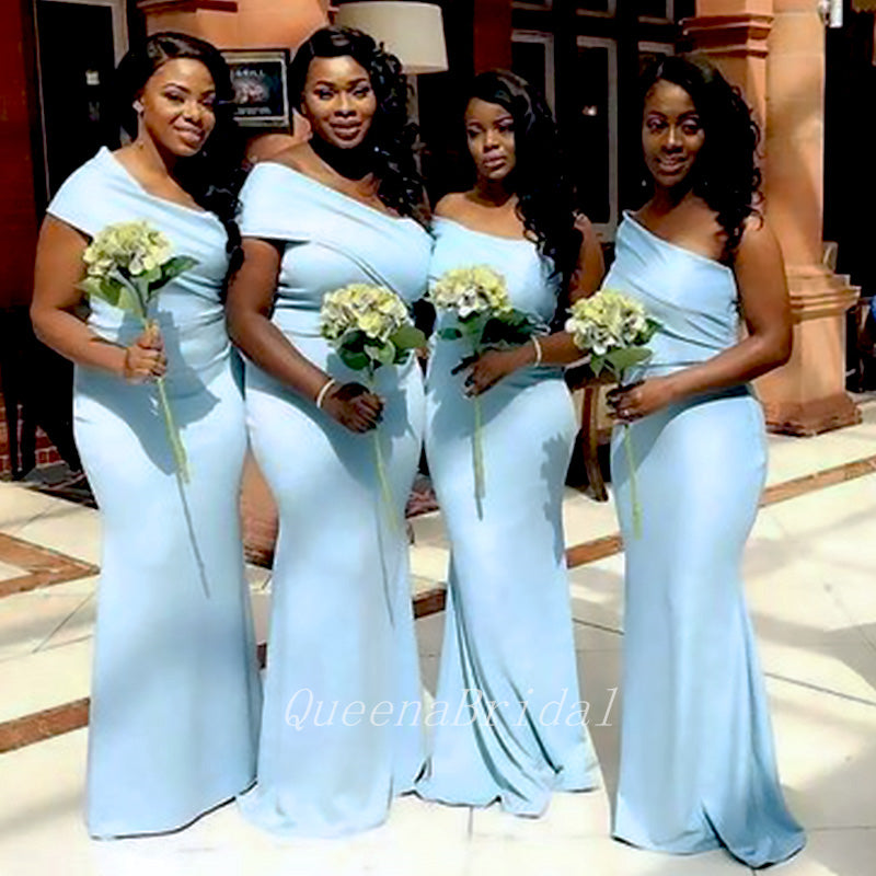 Elegant Blue One Shoulder Simple Cheap Mermaid Long Bridesmaid Dresses, BDS0224