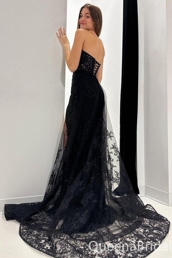 Mermaid Black Lace Appliques Lace UP Back Strapless Evening Ball Gown Maxi Long Formal Dresses Prom Dresses with High Slit ,WGP986