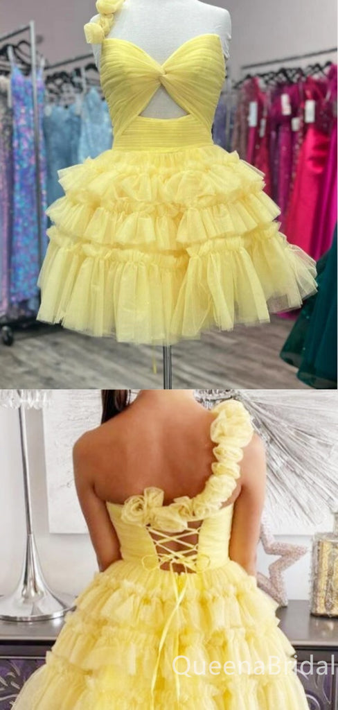 Sexy Cute One Shoulder A-line Lace Up Back Short Homecoming Dresses with Ruffles and Pleats, QB0613