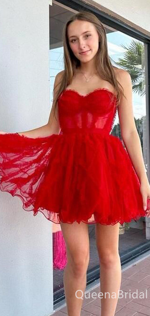 Sexy Strapless Red A-line Sweetheart Homecoming Dresses, CM563