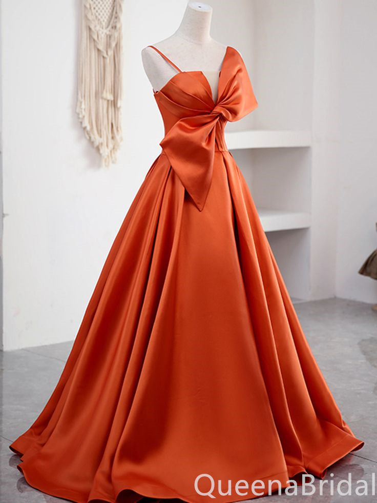 Orange A-line Spaghetti Straps Bow Evening Ball Gown Maxi Long Evening Party Prom Dresses ,WGP1009