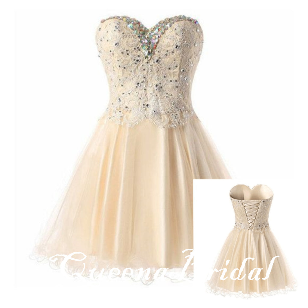 Champagne Strapless Sweetheart Lace Appliques Beaded Lace Up Back Graduation Party Short Homecoming Dresses, QB0789