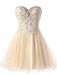 Champagne Strapless Sweetheart Lace Appliques Beaded Lace Up Back Graduation Party Short Homecoming Dresses, QB0789