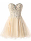 Champagne Strapless Sweetheart Lace Appliques Beaded Lace Up Back Graduation Party Short Homecoming Dresses, QB0789