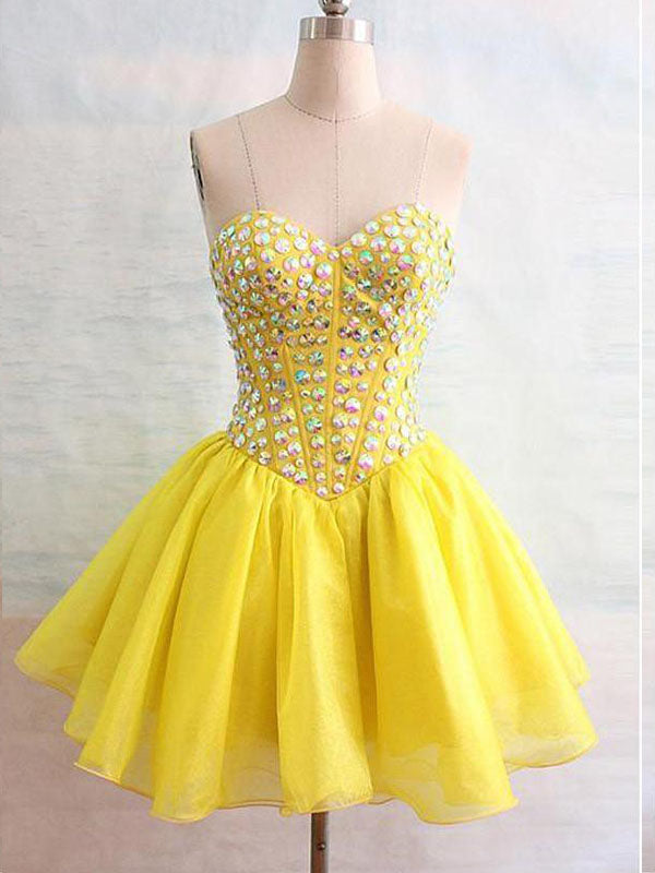 Yellow Strapless Beaded Sweetheart Lace Up Back A-line Graduation Party Short Homecoming Dresses Formal Evening Party Dresses, QB0828