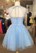 Blue Square Neck Illusion Beaded A-line Graduation Party Short Homecoming Dresses Formal Evening Party Dresses, QB0830